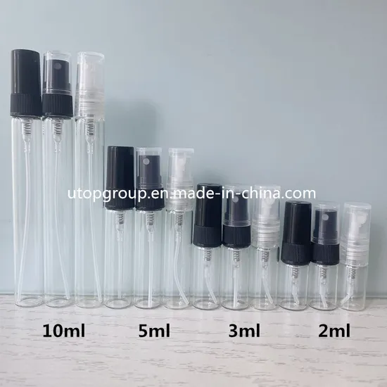 Free Samples 2ml 3ml 5ml 10ml Round Clear Black Amber Refillable Sample Perfume Atomizer Tester Bottle with Spray Pump Cap 